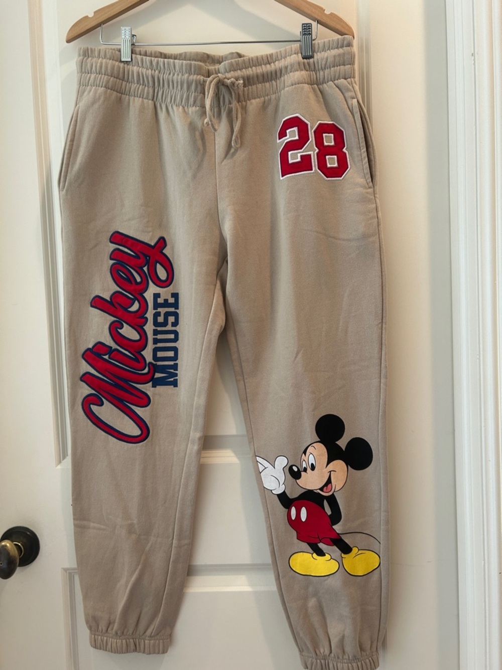 Disney Embroidered Mickey Mouse Beige Graphic drawstring Jogger Pants Pockets L